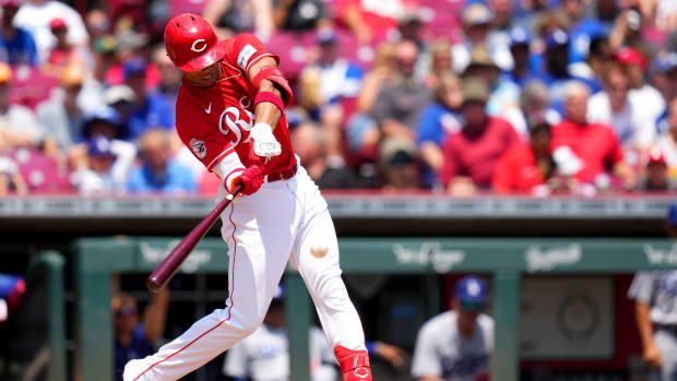 Jun 8, 2023; Cincinnati, Ohio, USA; Cincinnati Reds shortstop Jose Barrero (2) hits a single in the fifth inning against game between the Los Angeles Dodgers at Great American Ball Park. Mandatory Credit: Kareem Elgazzar-USA TODAY Sports  